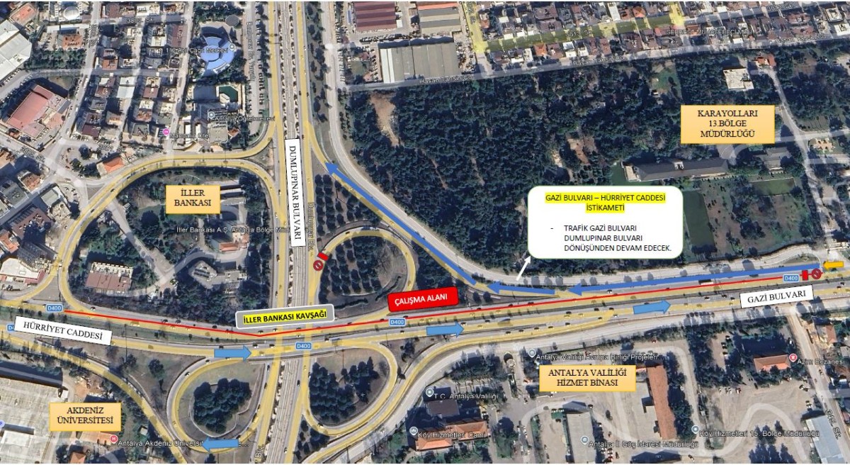 Antalya’da İller Bankası Kavşağı’nda Gece Çalışması: Gazi Bulvarı–Hürriyet Caddesi Yolu Trafiğe Kapatılacak